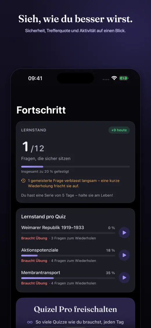 Dunkle Quizel-Fortschrittsansicht mit Prüfungsreife und Themen zum Wiederholen